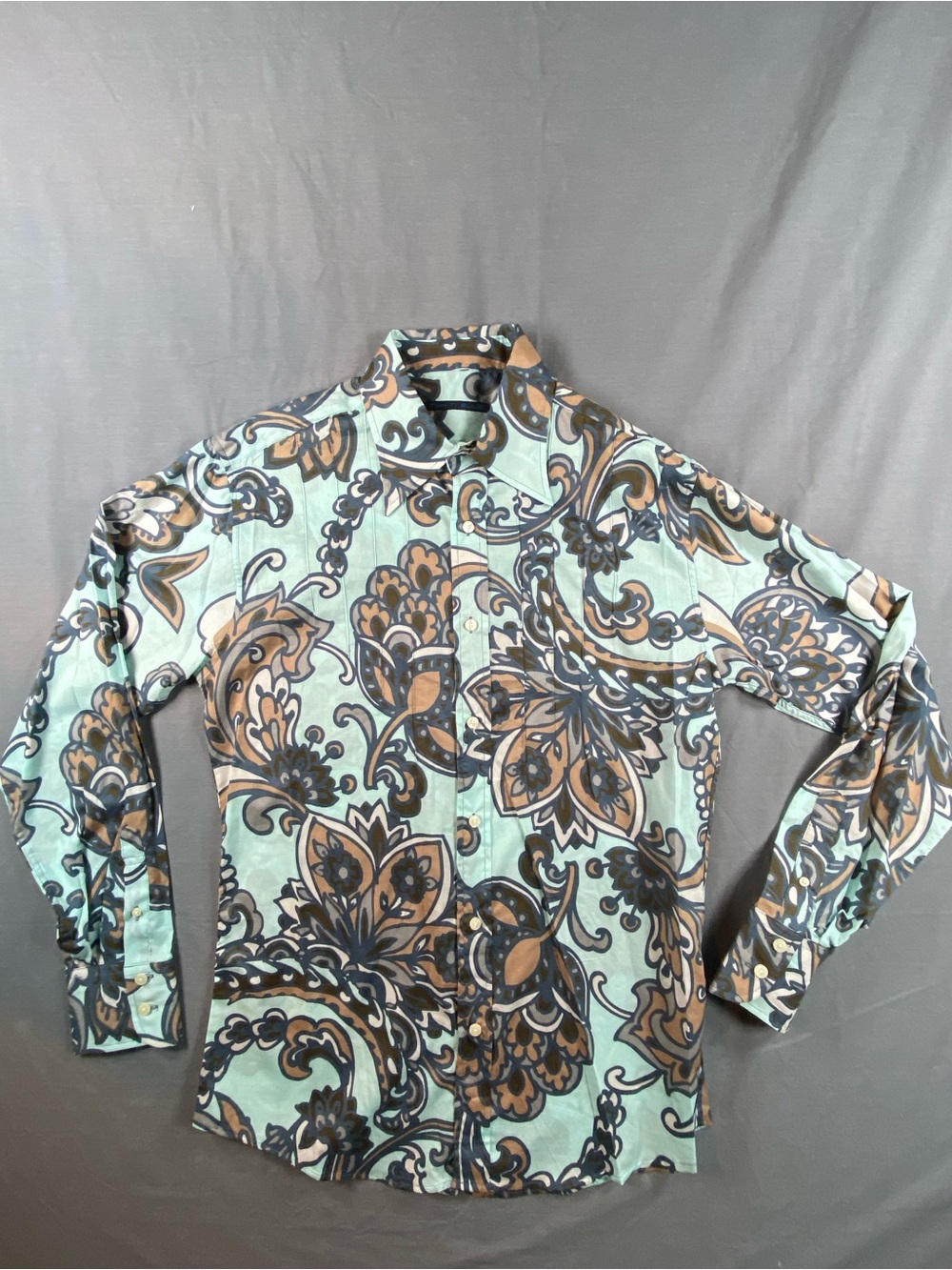 Tahiti Blue Men's Floral Paisley Long- S Button-Up Shirt - Aqua/ Brown size M